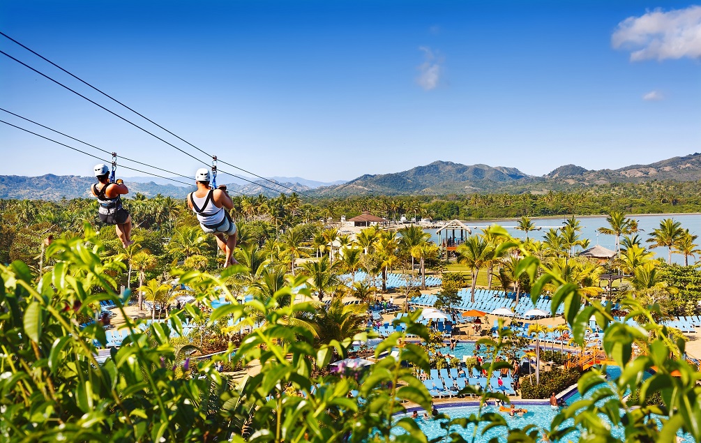 Ziplining on tropical resort 