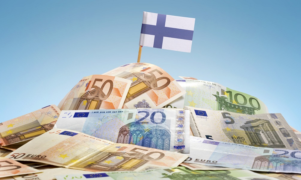 Flag of Finland sticking in european banknotes
