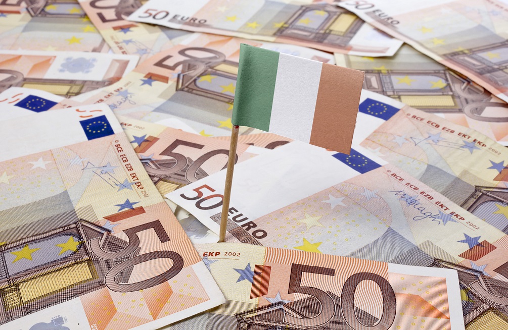 Flag of Ireland sticking in 50 Euro banknotes