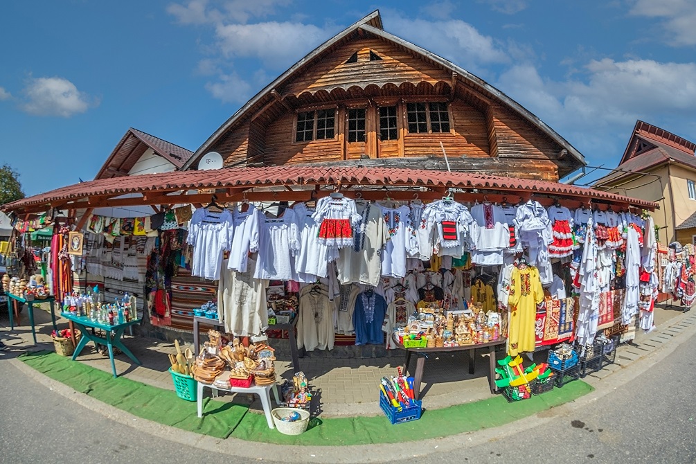 Rustic street stand with traditional Romanian products, Sapanta, Maramures, Romania 