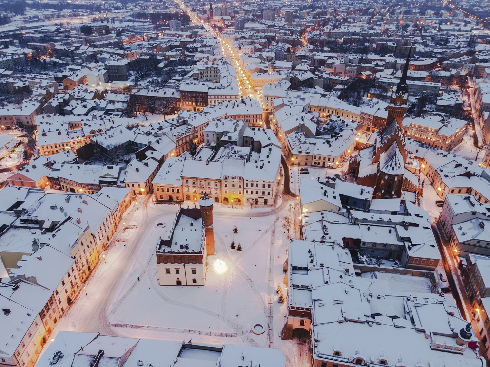 Tarnow Old Town Skyline. Medieval City in Poland. Aerial Drone View. Winter Season
