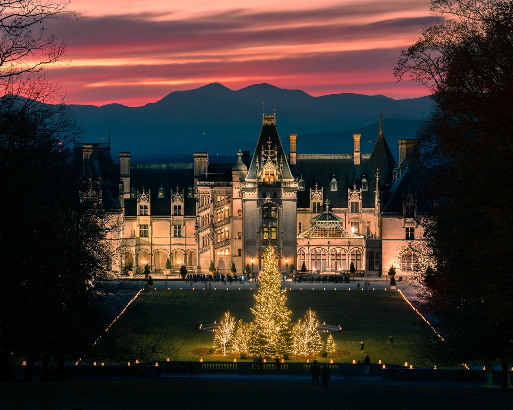 Beautiful scene of the Biltmore Museum in Asheville, NC during the Christmas Holidays at Sunset