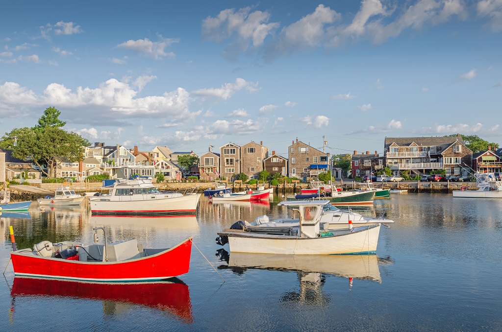 Fishing boats at anchor in the harbor of Rockport, Cape Ann, Massachusetts, New England, USA