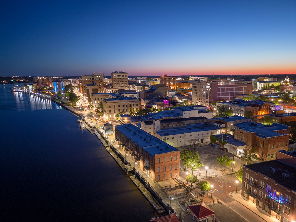 Wilmington, North Carolina, USA aerial Cityscape over the Cape Fear River